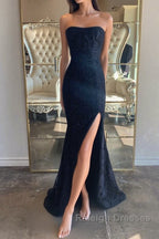 Strapless Mermaid Dark Blue Lace Long Prom Dress Mermaid Dark Blue Lace Prom Dress Dark Blue Lace Prom Dress