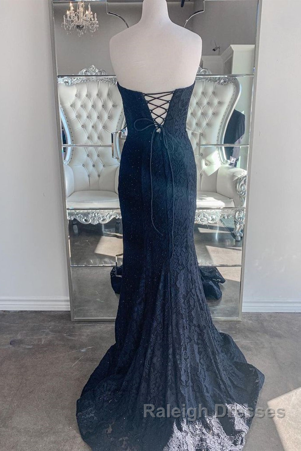 Strapless Mermaid Dark Blue Lace Long Prom Dresses, Mermaid Dark Blue Lace Formal Dresses, Dark Blue Lace Evening Dresses
