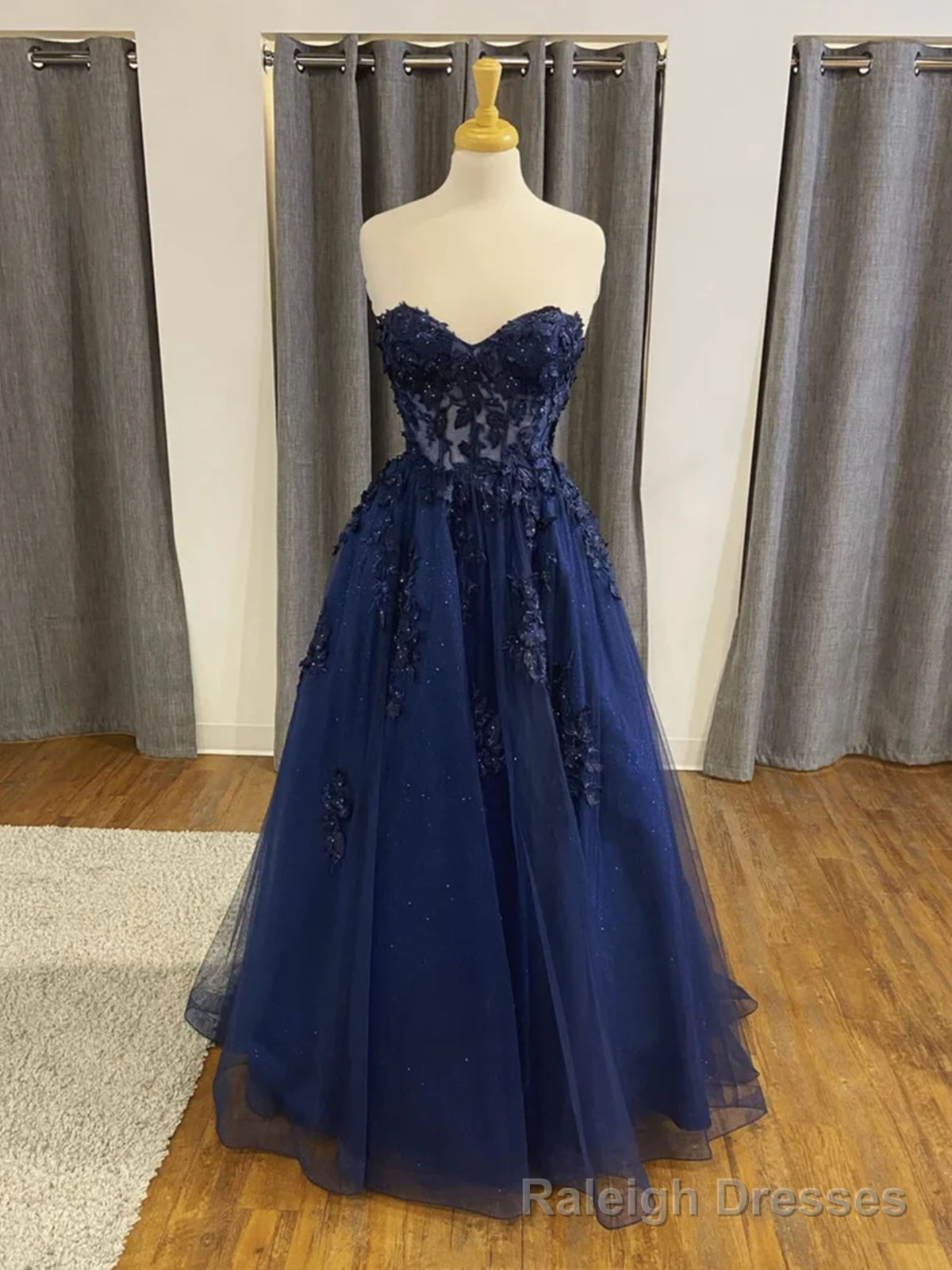 Strapless Navy Blue Beaded Lace Prom Dresses, Navy Blue Lace Formal Evening Dresses Main image