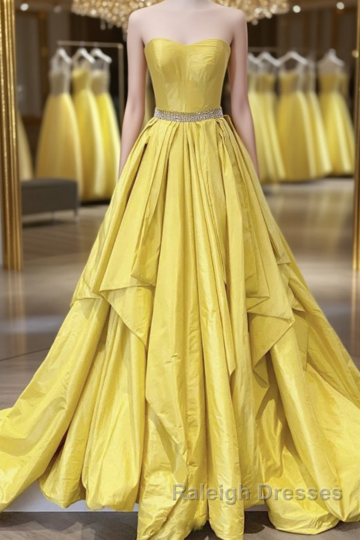 Strapless Open Back Fluffy Yellow Satin Long Prom Dress, Layered Yellow Formal Evening Dress Main image