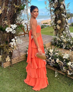 Strapless Orange Layered A-Line Long Prom Dresses