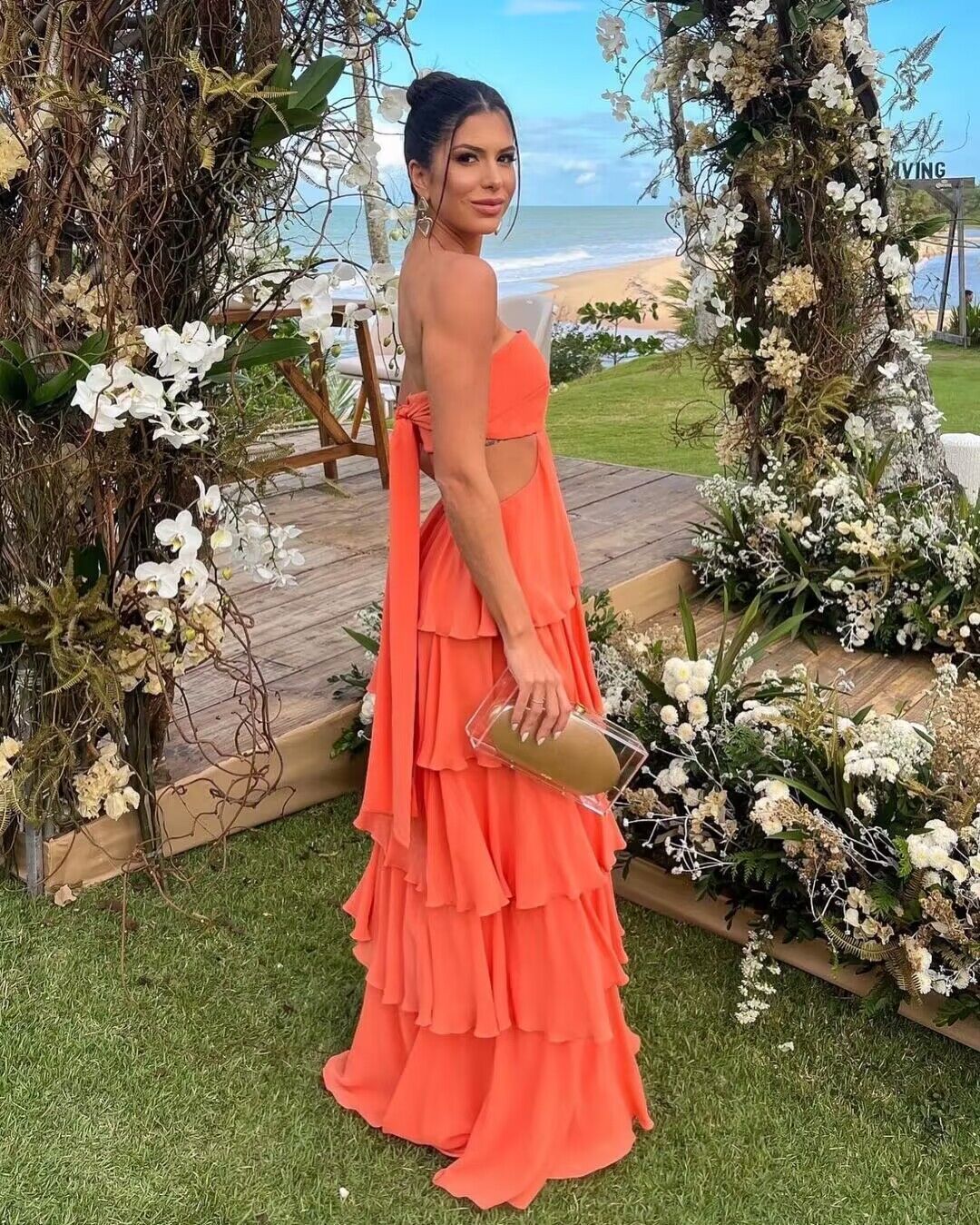 Strapless Orange Layered A-Line Long Prom Dresses