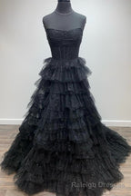 Strapless Pink Black Tulle Long Prom Dresses, Shiny Pink Black Tulle Long Formal Evening Dresses