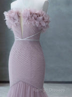 Strapless Pink Chiffon Creased Prom Dresses Floor Length Mermaid Prom Dresses With Sweep