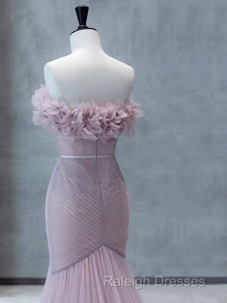 Strapless Pink Chiffon Creased Evening Dress Floor Length Mermaid Prom Dress With Sweep