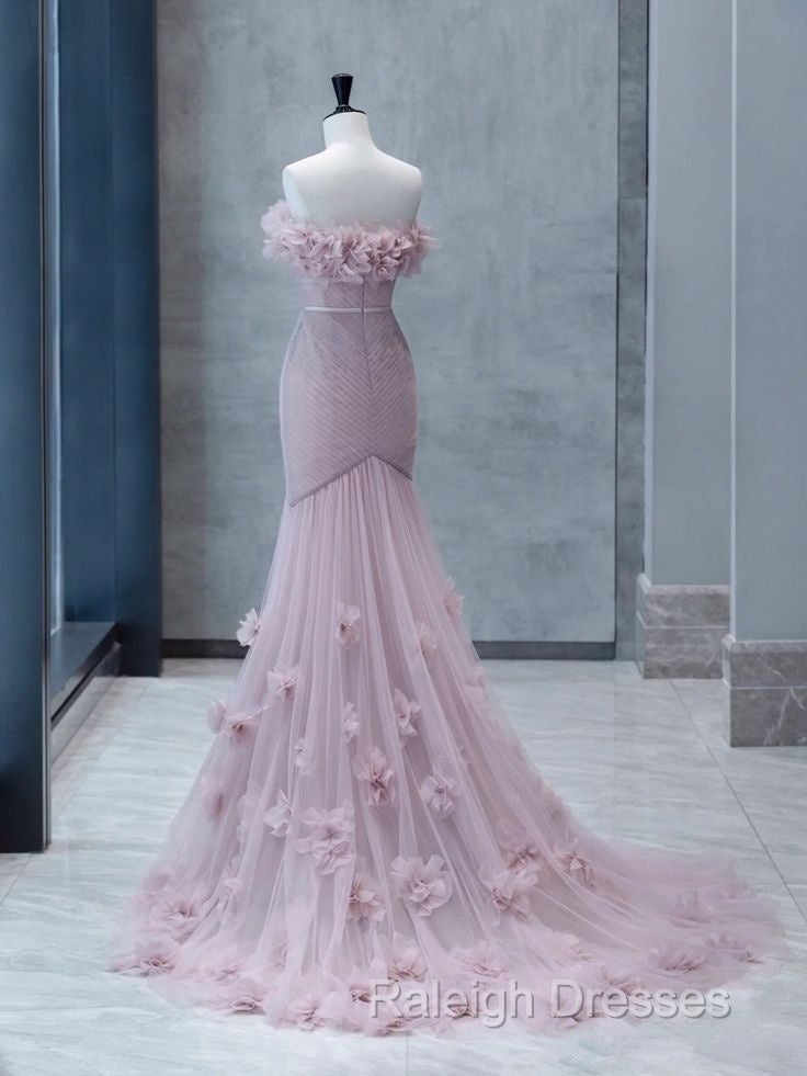 Strapless Pink Chiffon Creased Prom Dresses Floor Length Mermaid Prom Dresses With Sweep