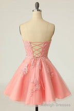 Strapless Pink Lace Appliues A Line Short Prom Dress