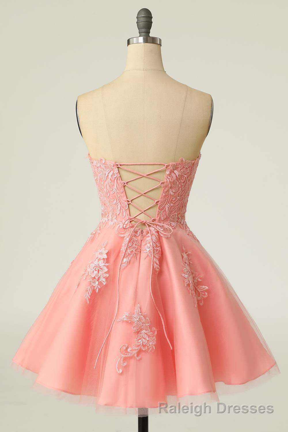 Strapless Pink Lace Appliues A Line Short Prom Dress