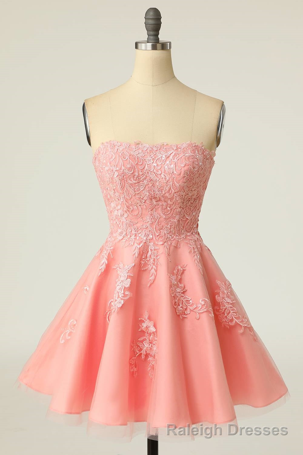 Strapless Pink Lace Appliues A-Line Short Party Dress Main image