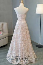 Strapless Pink Lace Long Prom Dress Pink Lace Prom Graduation Prom Dress