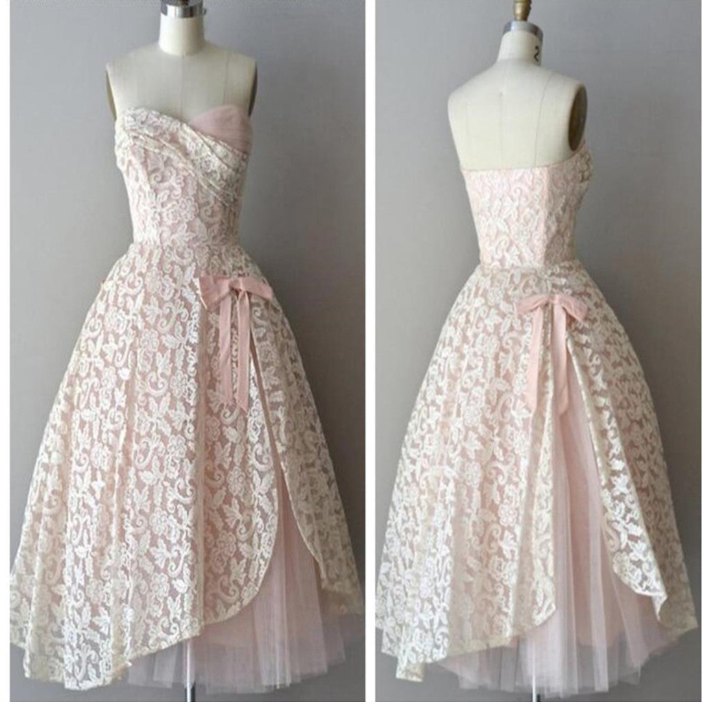 Strapless pink lace unique style vintage cheap homecoming Formal Prom gowns Dress Main image