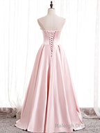 Strapless Pink Satin Prom Dresses, Pink Satin Long Formal Evening Dresses