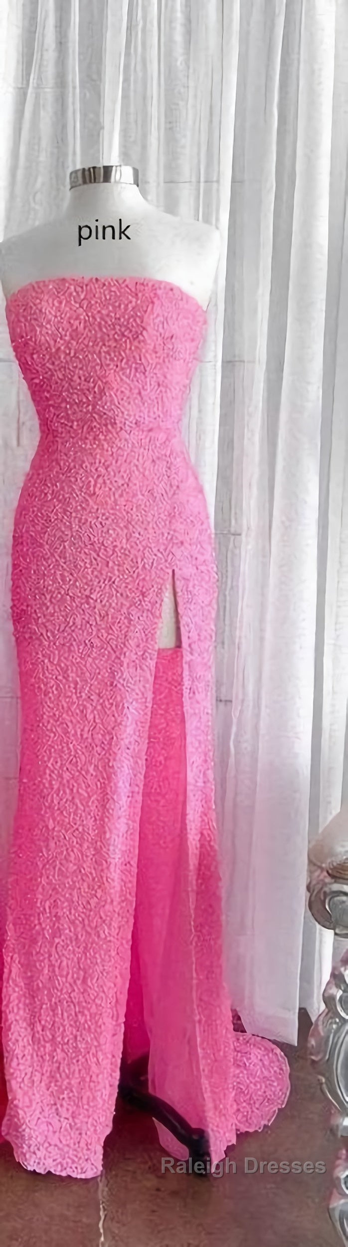 Strapless Pink Sequins Prom Dress with Slit,Sparkly White Night Dresses Party Event Secondary image