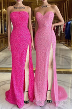 Strapless Pink Sequins Prom Dress with Slit,Sparkly White Night Dresses Party Event