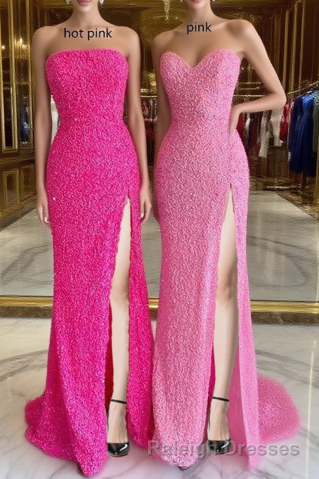 Strapless Pink Sequins Prom Dress with Slit,Sparkly White Night Dresses Party Event