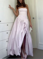 Strapless Pink Split Prom Dress A-Line Prom Dresses