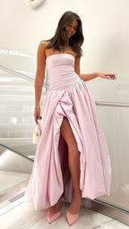 Strapless Pink Split Prom Dress A-Line Prom Dresses