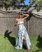 Strapless Print Floral Prom Dresses Long Prom Gowns
