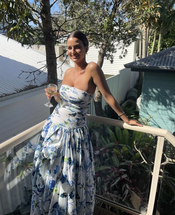 Strapless Print Floral Prom Dresses Long Prom Gowns