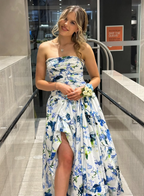 Strapless Print Floral Prom Dresses Long Prom Gowns