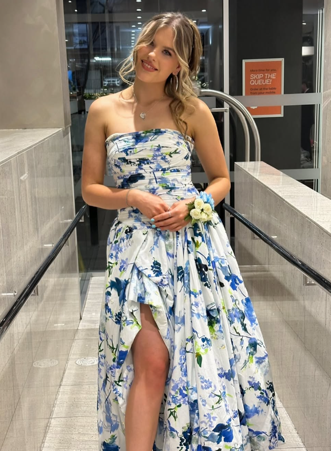 Strapless Print Floral Prom Dresses Long Prom Gowns
