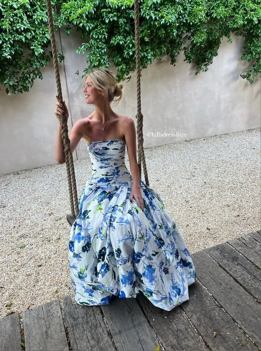 Strapless Print Floral Prom Dresses Long Prom Gowns