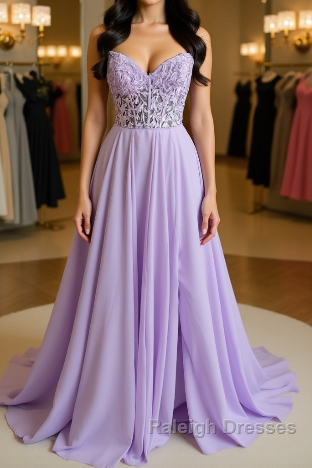 Strapless Purple Tulle Lace Long Prom Dresses Lavender Lace Prom Dresses Purple Prom Dresses Main image