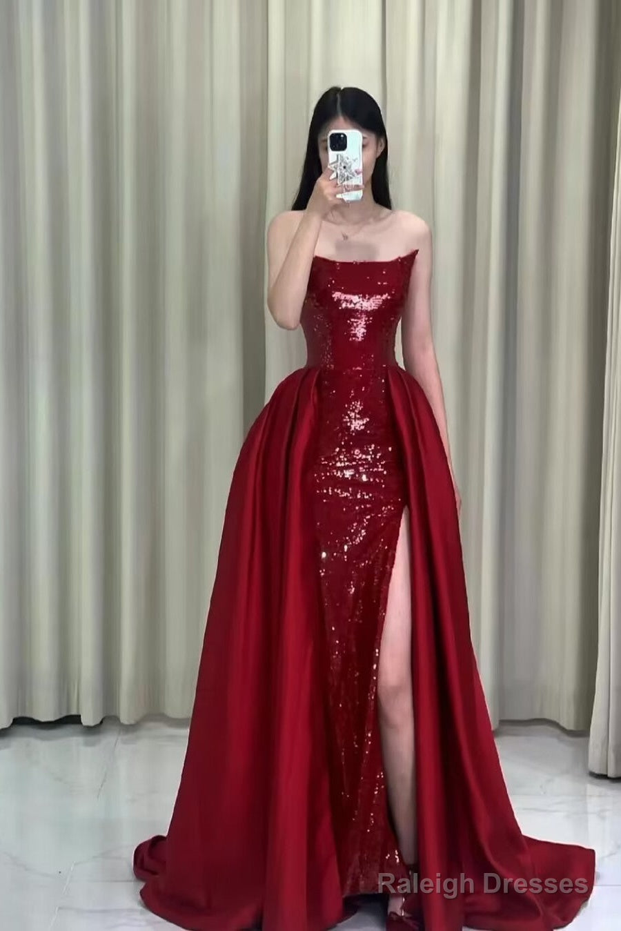 Strapless Red A Line Long Prom Dresses With Slit Main image
