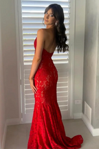 Strapless Red Appliques Mermaid Sleeveless Lace Long Prom Dresses