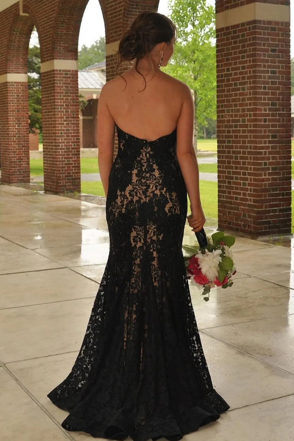 Strapless Red Appliques Mermaid Sleeveless Lace Long Prom Dresses