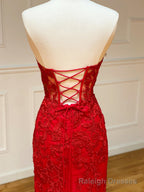 Strapless Red Lace Mermaid Long Prom Dresses, Red Mermaid Long Lace Formal Prom Dresses