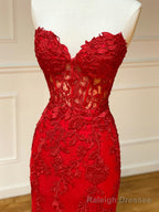 Strapless Red Lace Mermaid Long Prom Dresses, Red Mermaid Long Lace Formal Prom Dresses