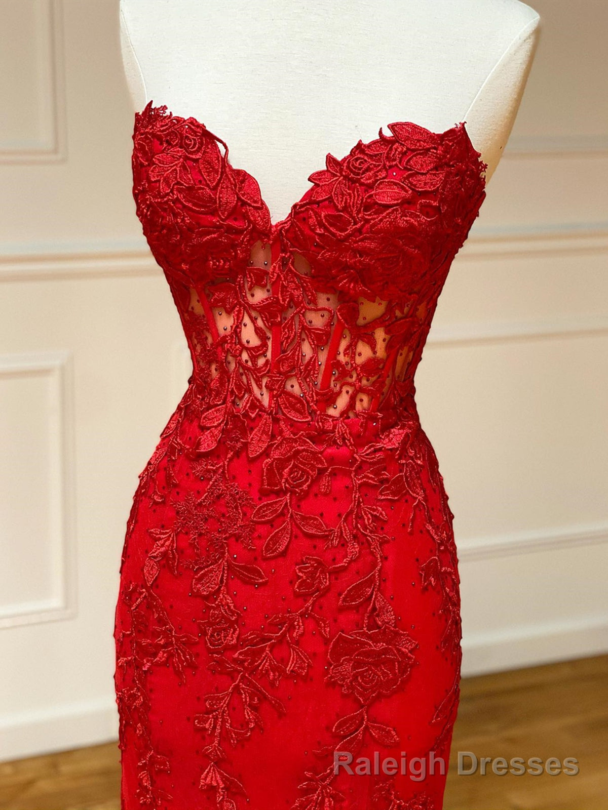 Strapless Red Lace Mermaid Long Prom Dresses, Red Mermaid Long Lace Formal Prom Dresses