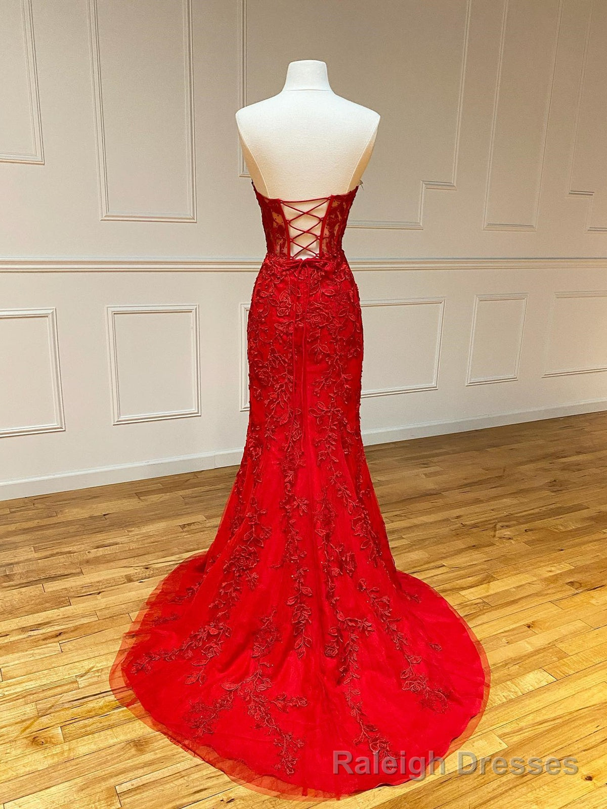 Strapless Red Lace Mermaid Long Prom Dresses, Red Mermaid Long Lace Formal Prom Dresses Secondary image