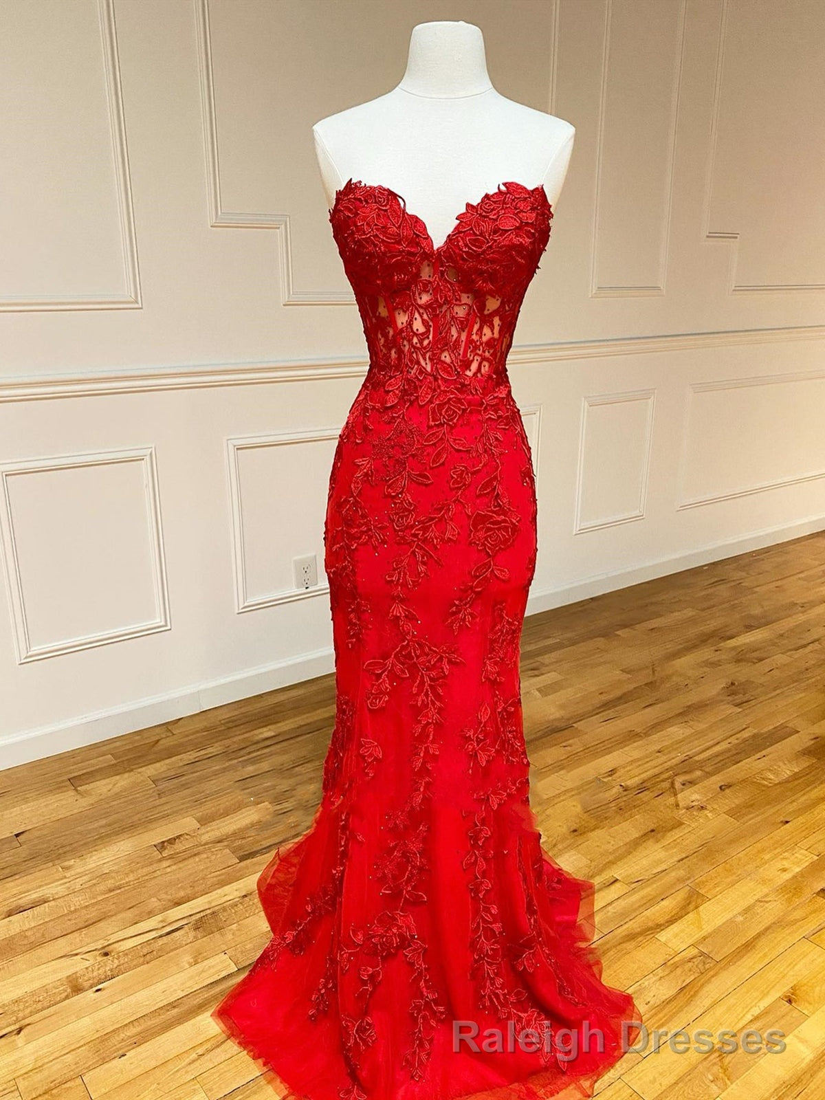 Strapless Red Lace Mermaid Long Prom Dresses, Red Mermaid Long Lace Formal Prom Dresses