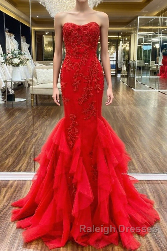 Strapless Red Mermaid Lace Prom Dresses, Red Mermaid Lace Formal Evening Dresses Main image