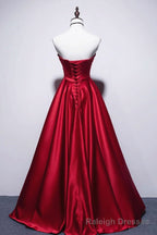 Strapless Red Satin Long Prom Dresses, Dark Red Long Formal Evening Dresses