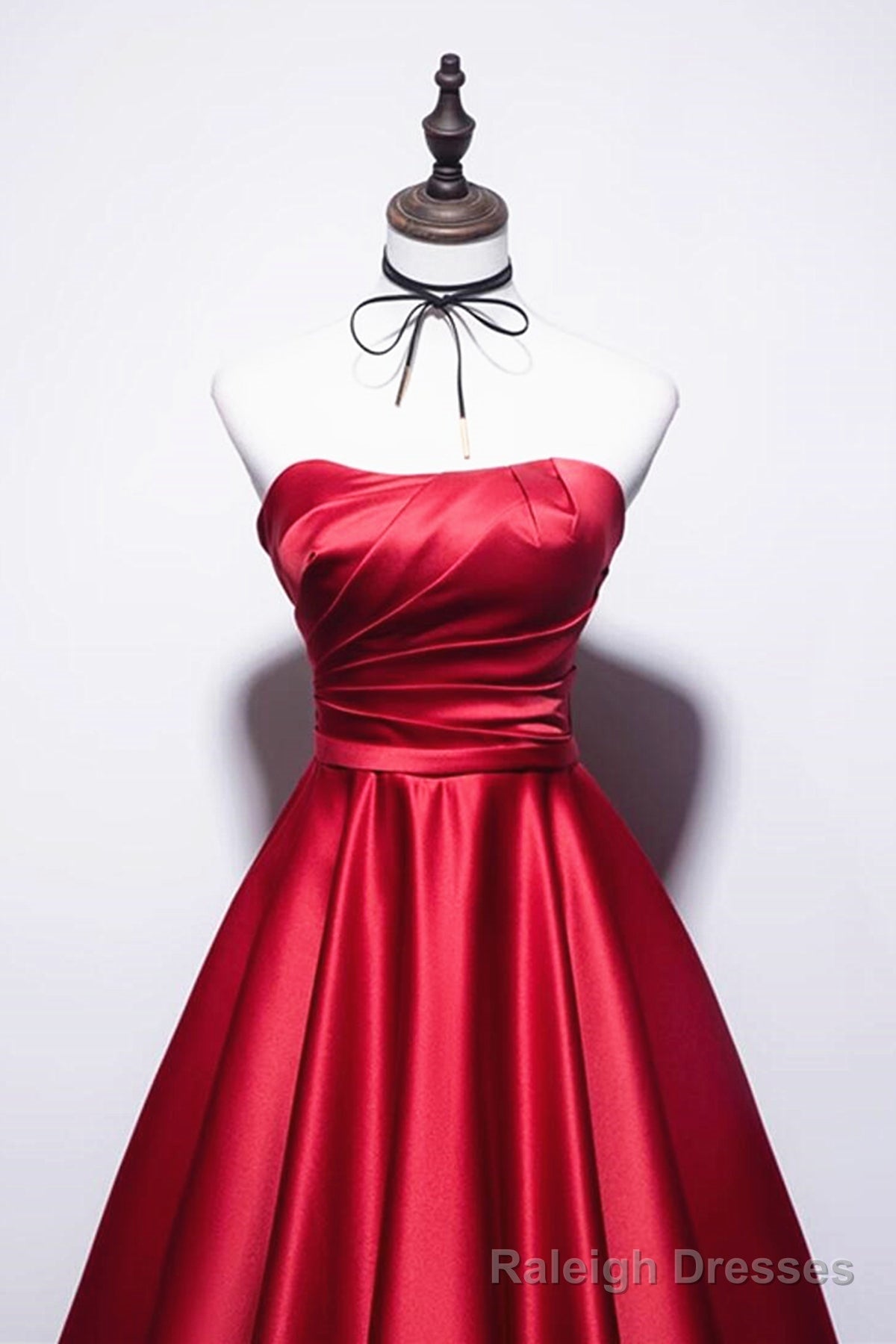 Strapless Red Satin Long Prom Dresses, Dark Red Long Formal Evening Dresses