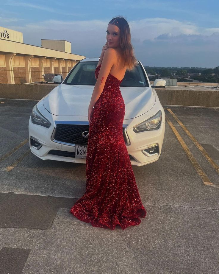 Strapless Red Sequin Prom Dress Mermaid Sparkly Prom Dresses