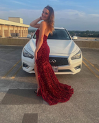 Strapless Red Sequin Prom Dress Mermaid Sparkly Prom Dresses