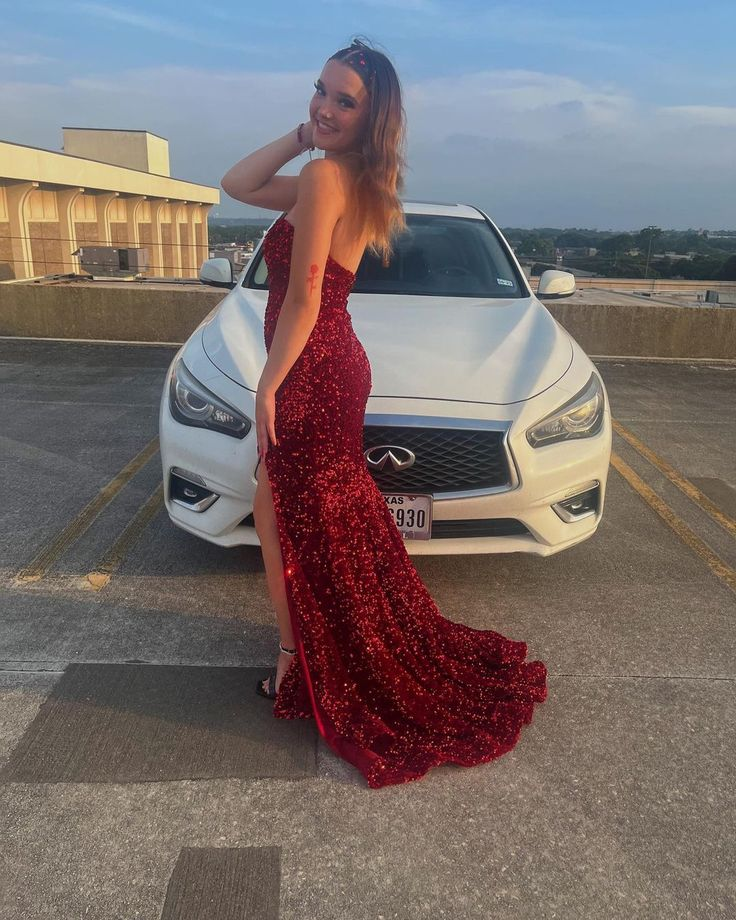 Strapless Red Sequin Prom Dress Mermaid Sparkly Prom Dresses