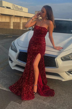 Strapless Red Sequin Prom Dress Mermaid Sparkly Prom Dresses