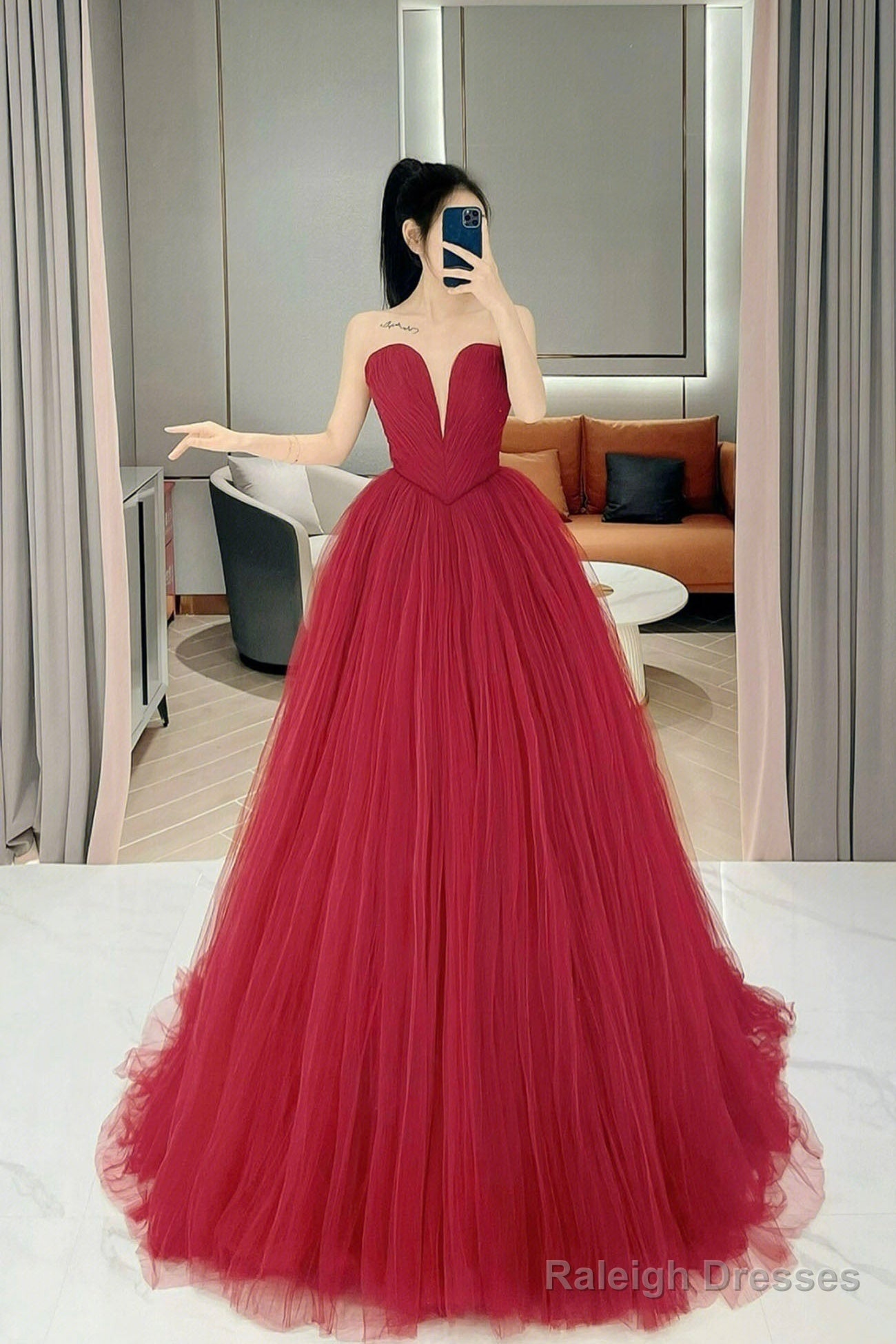 Strapless Red Tulle Long Prom Dresses, Strapless Red Tulle Long Formal Evening Dresses