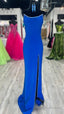 Strapless Royal Blue Long Prom Dress with Beading and Skirt Slit