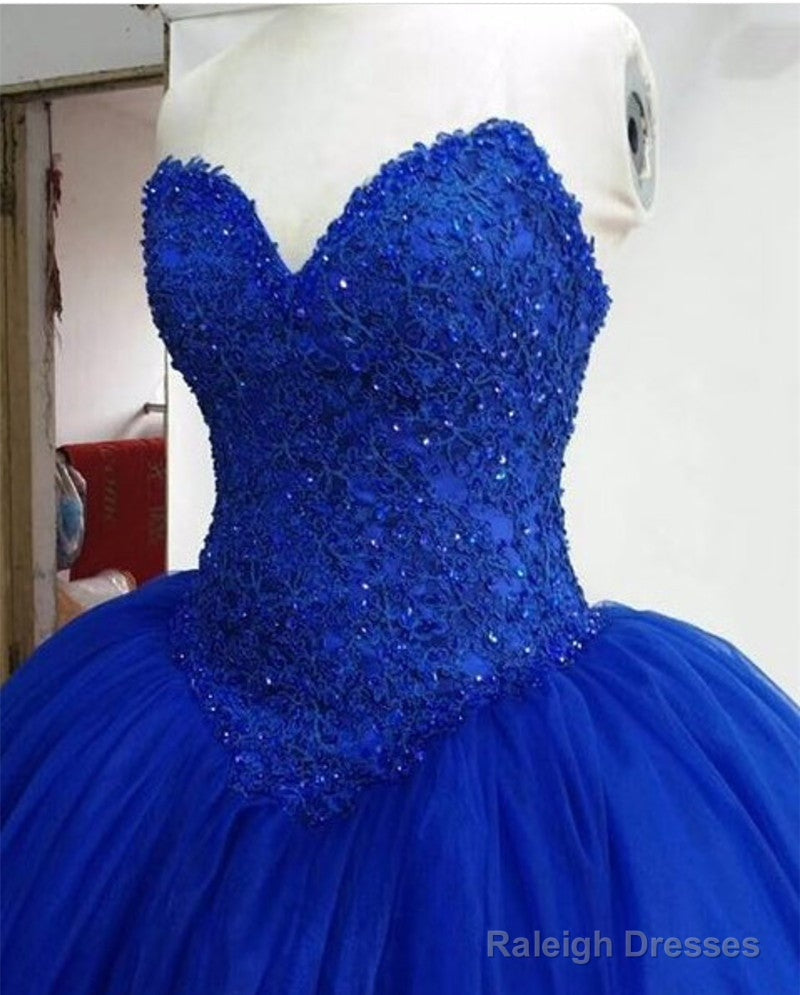 Strapless Royal Blue Tulle Ball Gowns Quinceanera Dress Lace Appliques Bodice Corset
