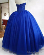 Strapless Royal Blue Tulle Ball Gowns Quinceanera Dress Lace Appliques Bodice Corset