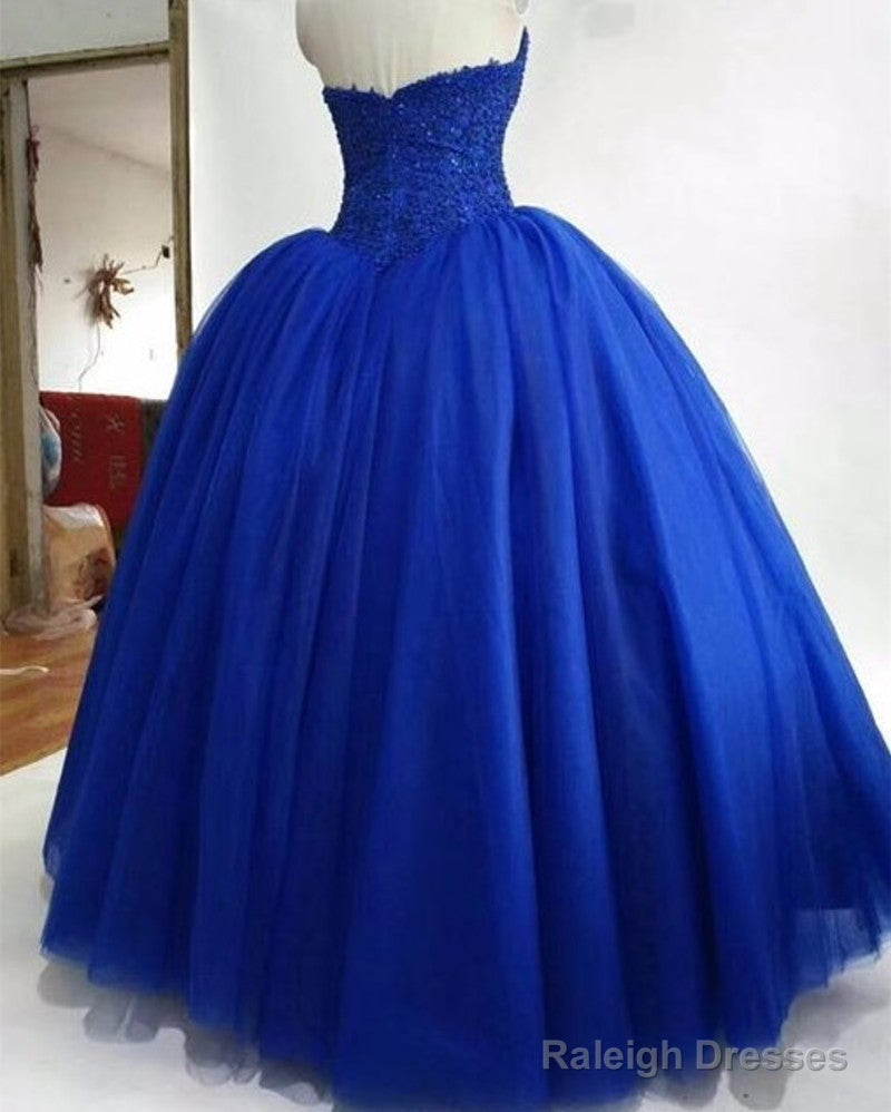 Strapless Royal Blue Tulle Ball Gowns Quinceanera Dress Lace Appliques Bodice Corset