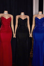 Strapless Ruffled V-Neck Mermaid Floor Length Prom Dresses