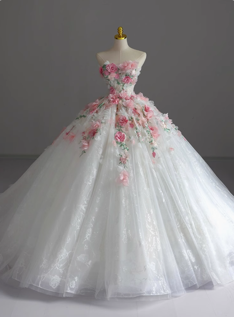 Strapless Runaway Princess Floral Tulle Floor-Length Wedding Dress