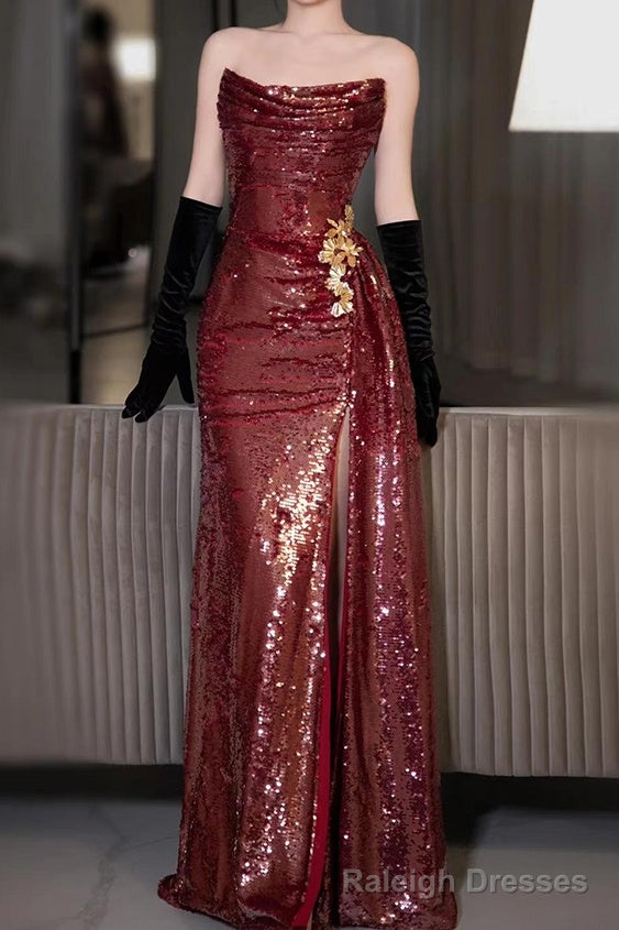 Strapless Sequin Ruched Trained Slit Mermaid Prom Gowns Secondary image